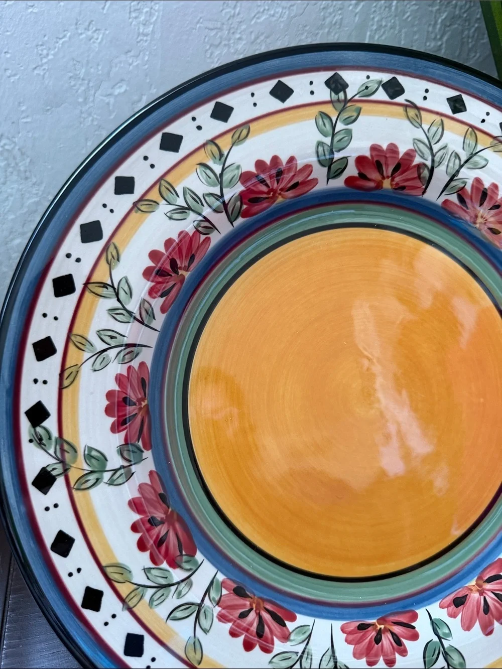 one Pier 1 Hand-Painted Floral Ceramic Dinner Plate - Orange Center